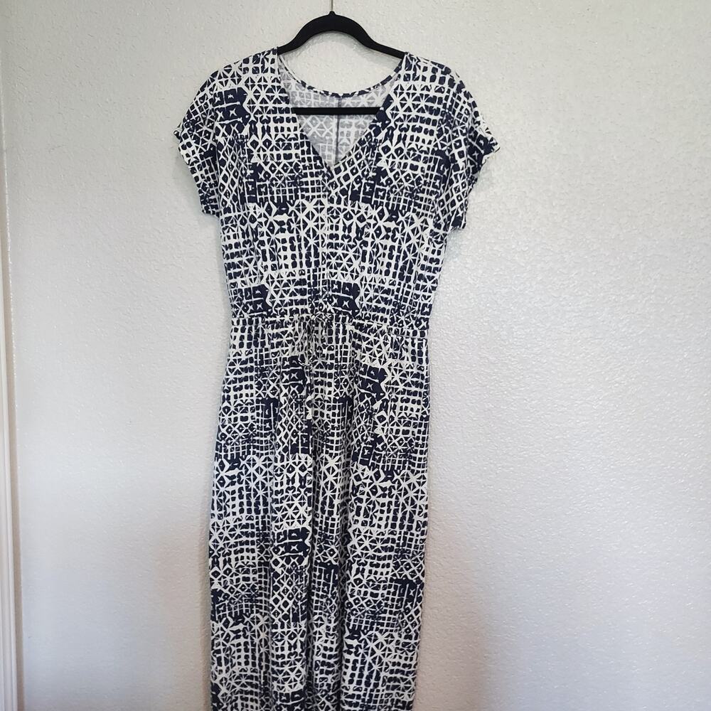 Garnet Hill Blue & White Graphic Short Sleeve Maxi Organic Cotton Dress Size XS